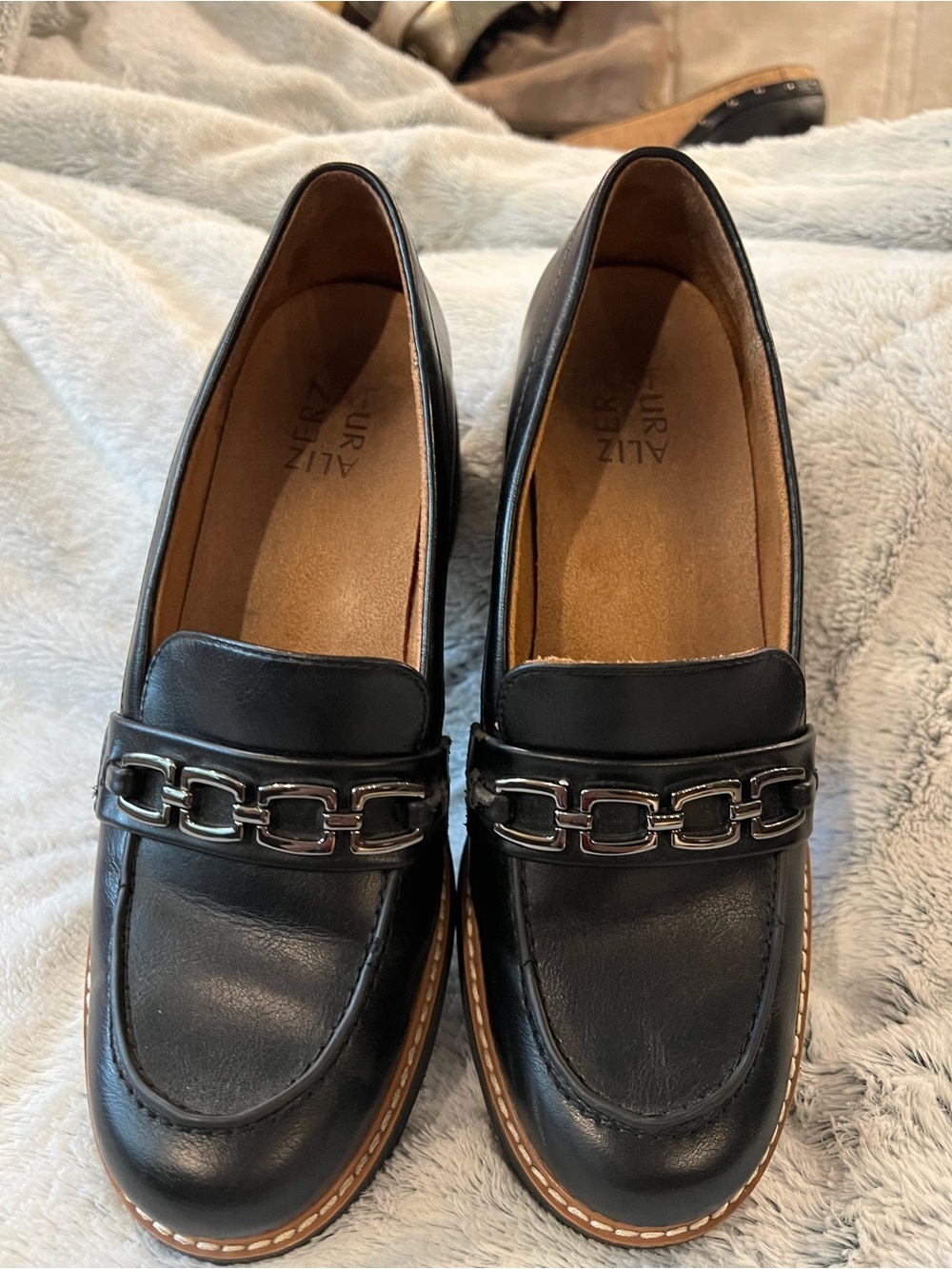 Naturalizer Black Leather Chain-Accent Loafers - Picture 2 of 12